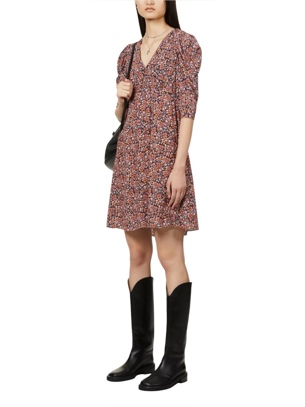 The Kooples Puff Sleeve Crepe Mini Dress Size 3 Large Ditsy Floral Dark Romantic